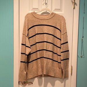 Aerie Tan and Black Striped Crew Neck Sweater